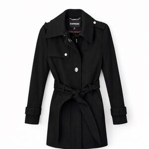 Express Black Wool Blend Belted Military Peacoat Short Trench Jacket NWOT